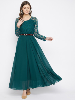 HELLO DESIGN Women Teal Layered Georgette Maxi Dress