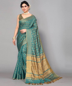 Woven, Embellished, Self Design Banarasi Cotton Silk Saree(Green, Beige)