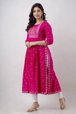 Women Printed Viscose Rayon Ethnic Dress(Pink)