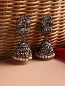 Sangria Red & Green Silver-Plated Stone-Studded & Beaded Jhumka