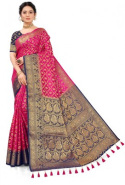sarify creation Woven Banarasi Cotton Silk Saree(Blue, Pink)