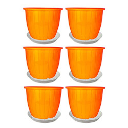 Go HookedPlastic Duro Flower Pot for Gardening, Indoor/Outdoor Planter-Orange (8 Inch)(Pack of 6 with Tray)