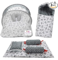 Infantbond Combo Of Baby Bed With Net | Carry Bag | 4 Pcs Bedding Set(0-6 Months, Star & Moon Grey, Baby Size), Cotton