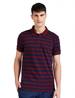 Amazon Brand - Symbol Men's Striped Regular Polo Shirt (AW17MPCSP4_Pomegrante and Peacot Blue L)