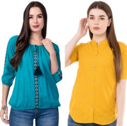 GMI Casual Embroidered, Solid Women Yellow, Blue Top