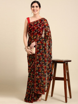 HERE&NOW Floral Printed Stones-Studded Pure Georgette Saree