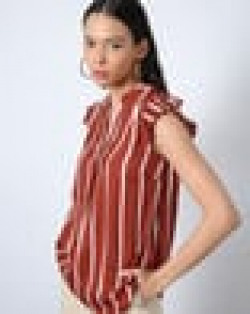 Women Striped Top with Ruffled Sleeves