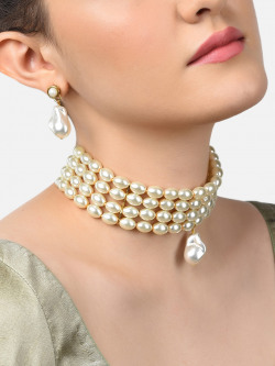 Zaveri Pearls Gold-Plated White Pearl Beaded Jewellery Set