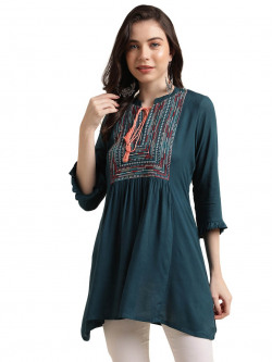 HERE&NOW Ethnic Motifs Embroidered Tie-Up Neck Gathered A-Line Longline Top