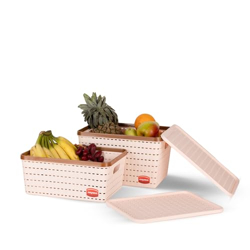 Nayasa Gloria 2 Pcs Set Basket | Rectangular shape | Medium 1 + Big 1 | Plastic Basket With Lid | Multipurpose Basket With Lid | Organizer Basket With Lid | Peach