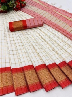 SEASON FAB Paisley, Color Block, Temple Border, Ombre, Striped, Woven, Applique, Dyed, Checkered, Solid/Plain Pochampally Pure Silk, Cotton Silk Saree(White, Red)
