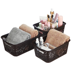 Amazon Brand - Solimo Royal Multipurpose Storage Basket - Small (Set Of 3, Brown), Fabric, Rectangular