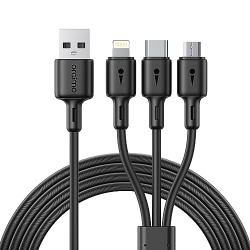 Oraimo 3 In 1 Charging Cable,3A Charging Cable With Micro Usb, Type-C And Lighting Port Compatible For Android, Ios And Type C Devices,1.2Mtr Long, Black