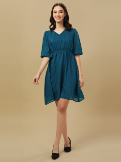 BAESD Striped V-Neck Puff Sleeves Gathered Detailed Fit & Flare Dress