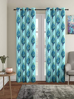 Cortina 2 Piece Leaf Design Panel Eyelet Polyester Door Curtains - 7 Feet, Blue