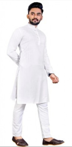 Simran Creation Men Striped Straight Kurta(White)