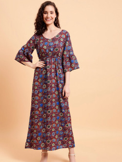 MINT STREET Floral Printed Bell Sleeves A-Line Maxi Dress