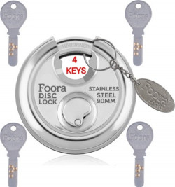 Foora Disc 90mm Shutter/Door Lock with 4 Hi-Tech Brass Keys, Hardened Shackle Lock(Silver)
