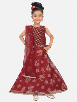 SALWAR STUDIO Girls Maroon & Gold-Toned Printed Ready to Wear Lehenga & Blouse With Dupatta