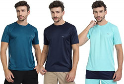 FTX Men's Dri-Fit Round Neck T-Shirt Combo - Pack of 3 (Aqua Blue, Airforce Blue, Navy Blue - 723_3-723_5-723_6)