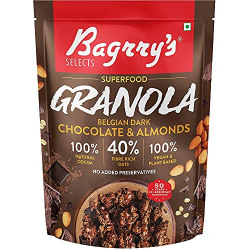 Bagrrys Superfood Granola Belgian Dark Chocolate & Almonds 400gm Pouch|40% Oats & Quinoa Flakes| 100% Natural Cocoa|Vegan & Plant Based|High in Fibre & Protein|Breakfast Cereal|Crunchy Granola