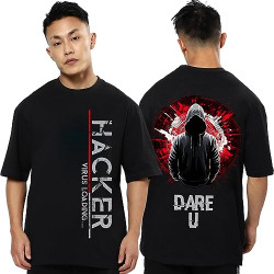 fanideaz Half Sleeve Round Neck Oversized Hacker Printed Tshirt for Mens_Black_L