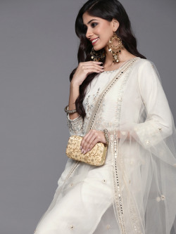 Indo Era Women White Ethnic Motifs Embroidered Kurta with Trousers & With Dupatta