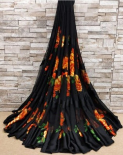 Bombey Velvat Fab Printed, Paisley, Ombre, Embroidered, Woven, Animal Print, Polka Print, Dyed, Solid/Plain Daily Wear Crepe, Chiffon Saree(Black, Orange)