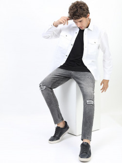 LOCOMOTIVE Men Grey Tapered Fit Mildly Distressed Heavy Fade Stretchable Jeans