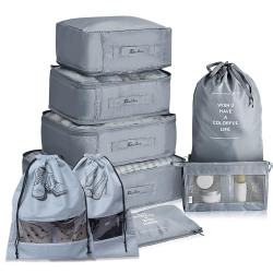 GaxQuly 9pcs Set Travel Organizer Luggage Packing Organizers for Makeup/Shoe/Clothes/Underwear/Socks/Laundry/Toiletry Bag for Space Savers for travel (Grey)