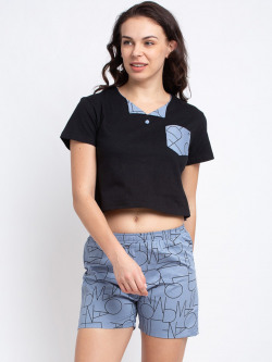 Claura Women Black & Grey Cotton Shorts and Top Loungewear Set