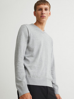 H&M Men Grey V-neck Cotton Jumper