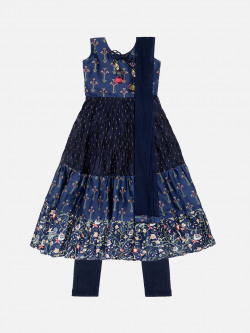 SALWAR STUDIO Girls Navy Blue Printed Kurta with Pyjamas & Dupatta