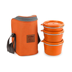 CELLO Maxfresh Hot Wave Stainless Steel 3 Container Lunch Box with Soft Fabricated Bag, 225ml, 375ml and 550ml, Orange