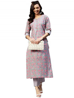 ANNI DESIGNER Women's Cotton Blend Straight Printed Kurta with Palazzo (Lochna Grey_L_ Grey_Large)