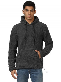 UrbanMark Men Regular Fit Sherpa Full Sleeves Hooded Sweatshirt-Grey, L
