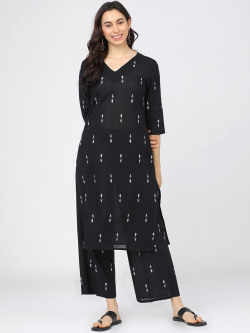 Vishudh Women Black & White Geomteric Printed Regular Pure Cotton Kurta With Palazzos
