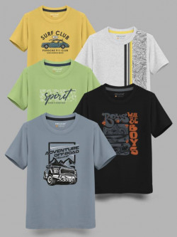 Boys Printed Cotton Blend T Shirt(Grey, Pack of 5)