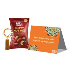 Open Secret Gift Hamper with Mix Dry Fruit and Nuts | 3 Item Gift Combo | Flavoured Nuts & Trail Mix | Gift Hamper with Card and Decoration Lights | Gift Box for Family, Friends, Corporate