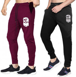 Pack of 2 Men Solid Black, Maroon Track Pants