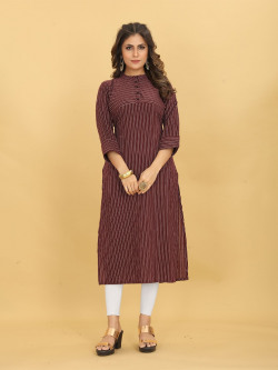KALINI Band Collar Striped Embroidered Thread Work Detail Straight Kurta