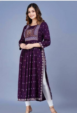 Women Printed Viscose Rayon Ethnic Dress(Purple)