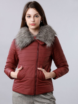 Tokyo Talkies Women Burgundy Solid Puffer Jacket