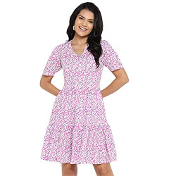 DEEBACO Women's Fit & Flare Knee Length Western Dress for Women Half Sleeves Floral Printed Girls A-Line One Piece Summer Dresses (DBDR00000425_XS_Purple)