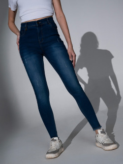 Hubberholme Women Navy Blue Comfort Slim Fit Low Distress Light Fade Applique Stretchable Jeans