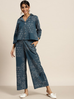 Sangria Women Teal Green & White Pure Cotton Ethnic Printed Two-Piece Set