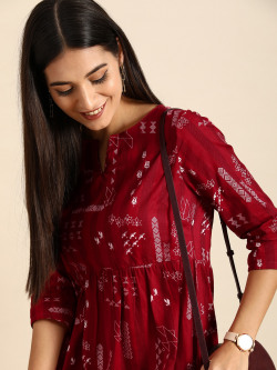Anouk Women Red & WhiteGeometric Printed Pure Cotton Fit And Flare Midi Dress