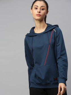 HRX by Hrithik Roshan Women Blue Solid Hooded Antimicrobial Bio-Wash Lifestyle Sweatshirt