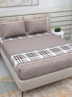 Beige Checked 220 TC Glazed Cotton King Bedsheet with 2 Pillow Covers