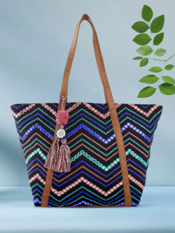 Anouk Navy Blue & Sea Green Embroidered Shoulder Bag with Mirror Work & Tassels